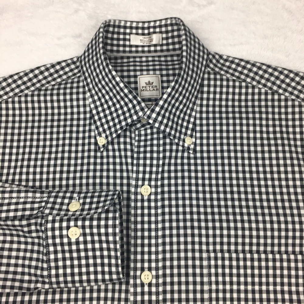 Peter Millar Crown Dress Shirt Mens Small Black/White Check Nanoluxe Easy Care